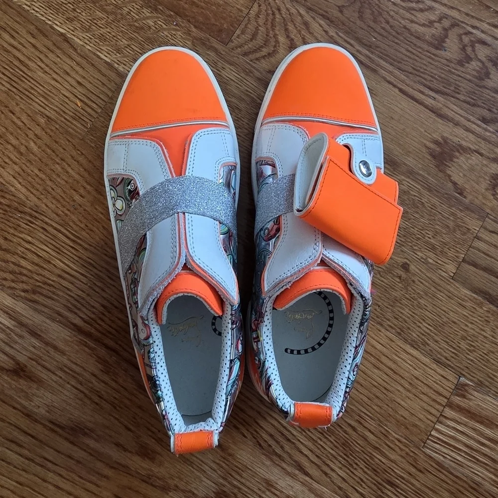 Christian Louboutin Kids Bright Orange and Metallic Sneakers